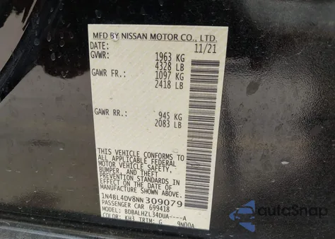 2022 Nissan Altima Sv Fwd z USA, uszkodzony, nr VIN 1N4BL4DV8NN309079